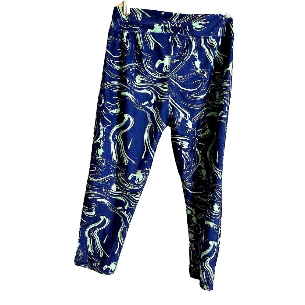 K’s More Crop Leggings Women Junior Size M Navy Aqua Blue Psychedelic Print NWT